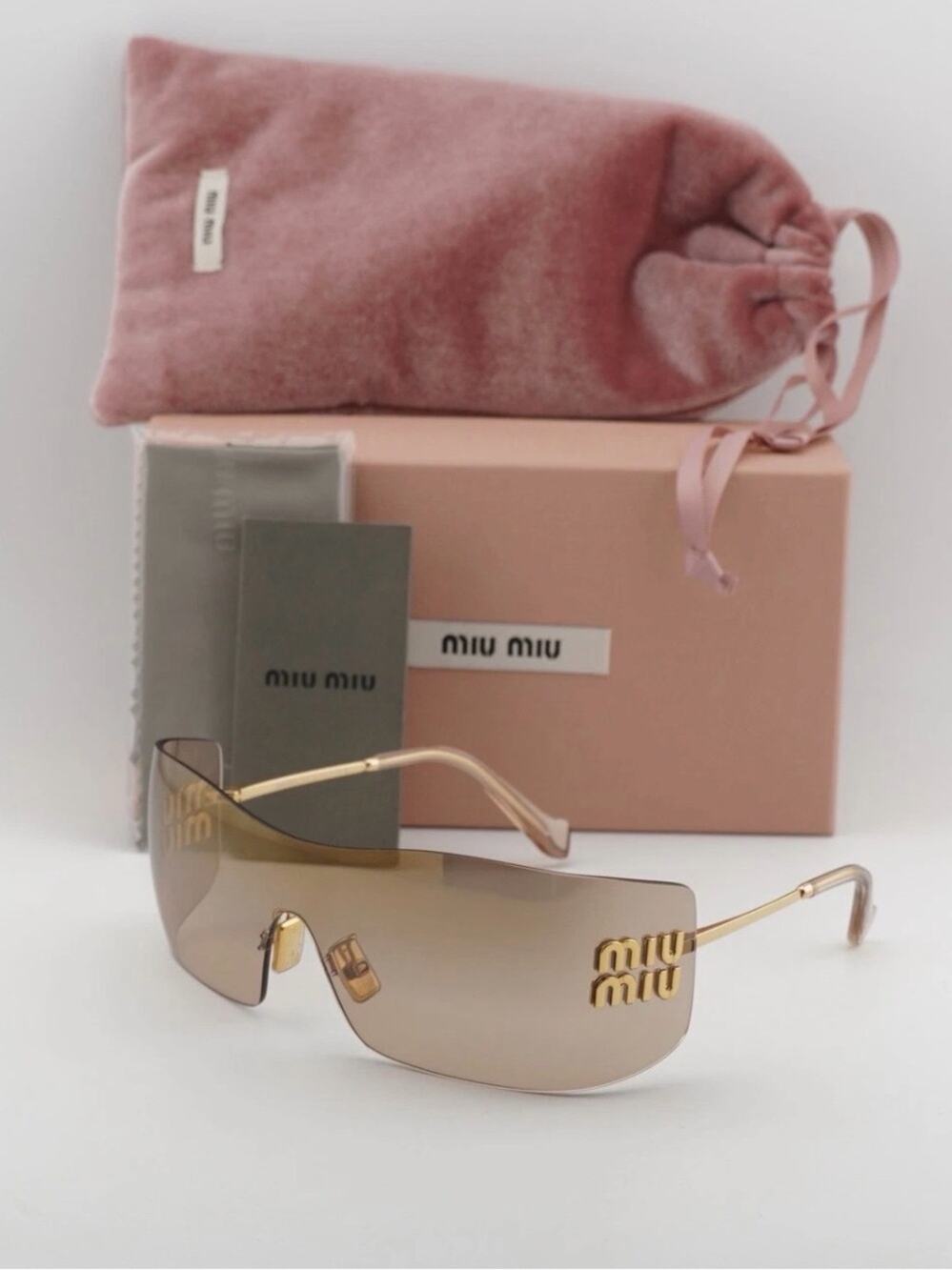 New Miu Miu MUB53S 5AK20P Gold-Tone Brown Gradient Shield Sunglasses Authentic